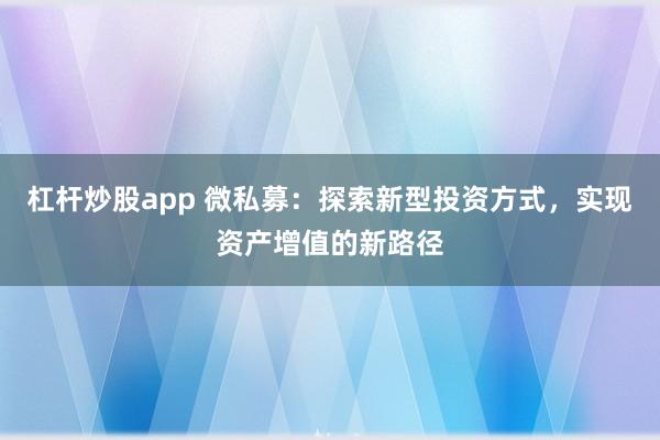 杠杆炒股app 微私募：探索新型投资方式，实现资产增值的新路径